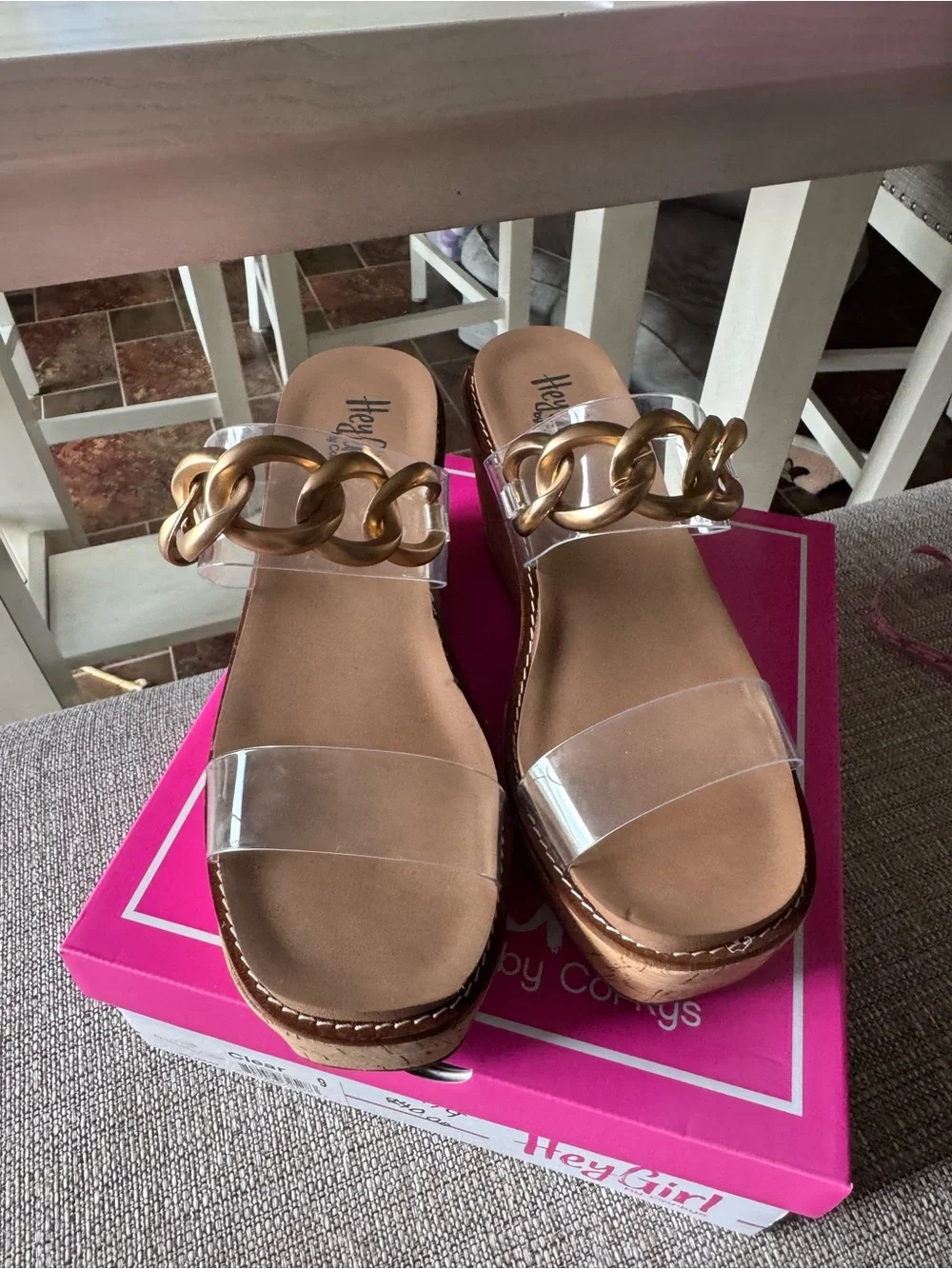 HeyGirl by Corky’s Clear Cork Wedge Sandals with Gold Chain Detail -NWT!